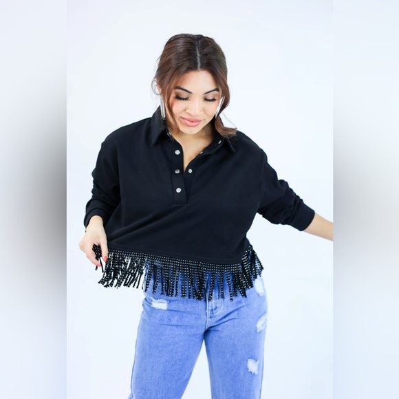 NWT White Bedazzled Fringe Long Sleeve Pullover Top- Small - Picture 9 of 9